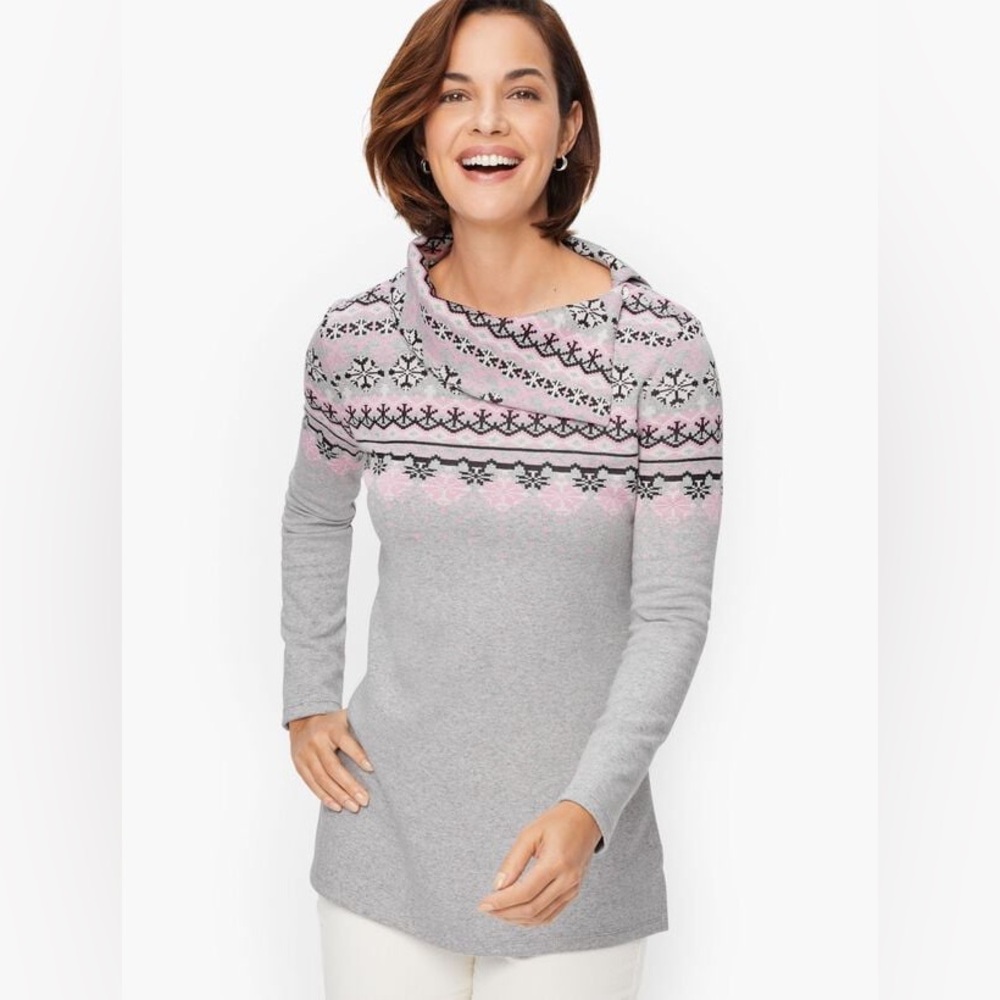 Talbots. Button Shoulder Fair Isle Pullover. Gray/Pink. Size Small.